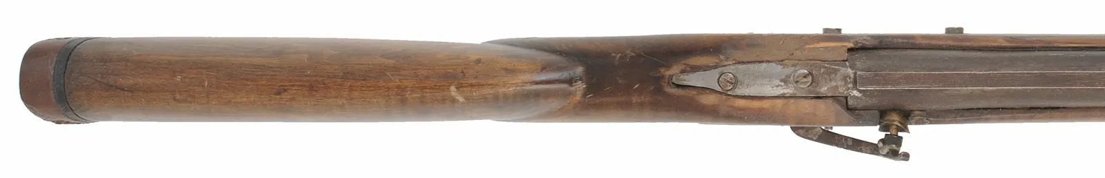 Muzzleloading Shotgun,
 12 gauge choked, 36" Melot barrel,
mule ear percussion lock, L&R trigger, iron trim, crude