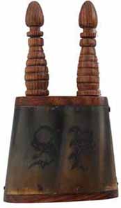 Salt & Pepper Horn,
6" tall, walnut bases, 
scrimshaw engraved