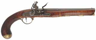 Colonial Pistol,
.50 caliber smoothbore, 10" barrel,
flintlock, curly maple, brass trim,
used, by Thom Frazier
