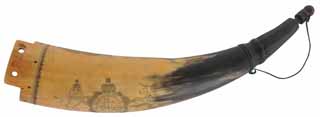 Powder Horn,
12-1/2", scrimshaw British Coat of Arms,
raised lip for strap, pine base