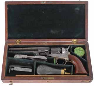 Antique 1849 Colt Pocket Model Revolver,
.31 caliber, 6" barrel,
six shot cylinder, walnut, aged patina, 
period case with accessories, by Colt Firearms Mfg. Co.