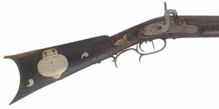 Antique Ohio Rifle,
.40 caliber, 34" octagon barrel, 
maple, brass, pewter forend cap,
set triggers percussion lock, some repairs, signed Wm C. M.