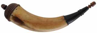 Powder Horn, 
13" long, turned beehive walnut base, 
engrailed throat, antique finish 