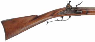Lancaster County Longrifle,
.50 caliber, 38" swamped barrel,
L&R Classic flintlock, maple, iron trim with patina finish,
used, signed by J. Brown