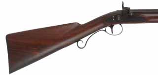 Fowling Gun,
24 gauge, 36" octagon-to-round, 
percussion, walnut, iron, pewter forend,
used, signed by J. F. Bergmann