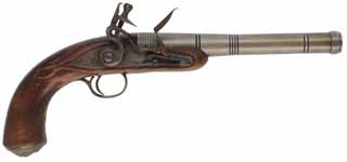 Queen Anne Pistol,
.50 smoothbore, 7-1/2" barrel, 
flintlock, beech, brass, worn patina finish,
used, by Davide Pedersoli & Co.