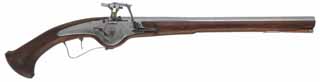 Wheellock Pistol,
.58 caliber smoothbore, 16-1/2" barrel,
walnut, iron, spanner wrench, used
