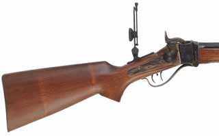 1874 Sharps No. 1 Sporting Rifle,
caliber .45-70 Gov't, 30" octagon-to-round barrel, 
pistol grip, walnut, Lee Shaver tang sight, Hadley eye disk,
used, by Davide Pedersoli