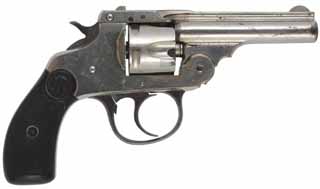 Antique Iver Johnson Double Action Revolver,
caliber .32 centerfire, 3" barrel,
nickel plated, hard rubber grip, antique