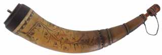 Powder Horn,
11", scrimshaw New York map,
paneled neck, iron staple