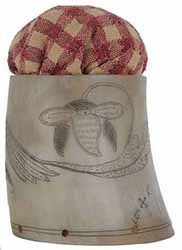 Horn Pin Cushion,
 3-1/4", scrimshaw bumblebee & flowers