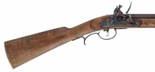 Short Fullstock Rifle,
.54 caliber, 27" CVA Hawken barrel,
L&R flintlock, curly maple, iron & brass, used
