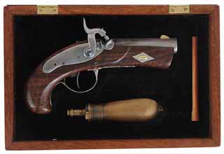 Derringer Overcoat Pistol,
.45 caliber, 3" barrel,
percussion, walnut, nickel silver trim, 
used, with flask and wooden case