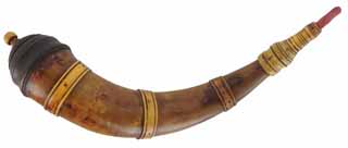 Banded Powder Horn,
16", antler spout, hand made,
patina finish, new, by Scott & Cathy Sibley