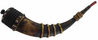 Southern Banded Powder Horn,
14", brass tacks on base,
patina finish, new, hand made, by Scott & Cathy Sibley