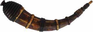Southern Banded Powder Horn,
13", 8 panels, turned horn tip, beehive base,
patina finish, new, hand made, by Scott & Cathy Sibley