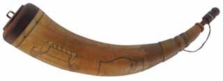 Powder Horn,
11-3/4", scrimshaw deer & verse,
pine base with iron staple