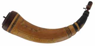Powder Horn,
11-1/2", scrimshaw verse,
pine base with iron staple