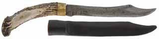 Early Rifleman's Knife,
7" blade, 4-1/2" antler handle,
leather sheath, by Scott & Cathy Sibley
