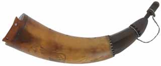 Powder Horn,
10-3/8", raised lip for strap, 
scrimshaw hell horse, hunting scene