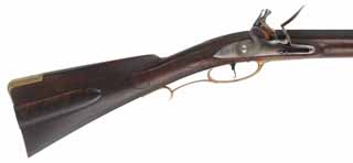 Colonial Longrifle,
.50 caliber, 43-1/2" Rice swamped barrel, 
flintlock, curly maple, brass,
as-new, signed D. Phariss