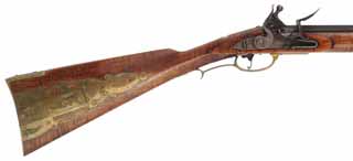 Lancaster Longrifle,
.45 caliber, 44" Colerain swamped barrel,
curly maple, engraved brass, L&R Classic flintlock, 
used, marked J. Marsh