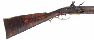 York County Longrifle, 
.45 caliber, 42" Green Mountain barrel,
Siler flintlock, engraved brass, curly maple, 
used, signed D.R. Davison