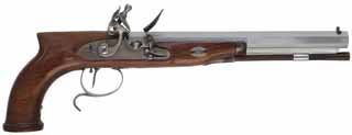 Mortimer Target Pistol,
.44 caliber, 10" barrel,
walnut with saw handle grip, bright iron trim, 
flintlock, single set trigger, with box,
by Davide Pedersoli