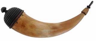 Powder Horn,
12-3/5", beehive walnut base and stopper