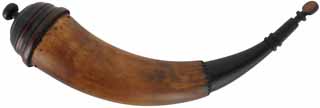 Powder Horn, 
13-3/4" long, maple base, 
engrailed throat, antique finish 