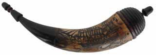 Scrimshaw Powder Horn,
12-1/2", turned walnut plug, patina finish,
scrimshaw ship, and Federal eagle
