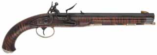 Kentucky Pistol,
.45 caliber, 10-3/8" McCartney barrel,
flintlock, curly maple, nickel silver trim, 
cased, used, signed by Clay Smith