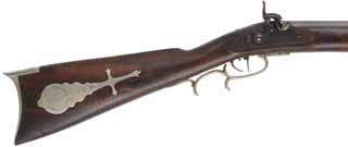 California Halfstock Rifle
.50 caliber, 34" barrel,
Claro walnut, nickel silver, 
pewter forend cap L&R percussion lock, unfired