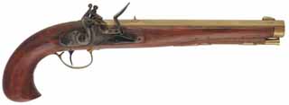 Kentucky Pistol,
.44 caliber, 10-3/8" brass barrel, 
flintlock, walnut, brass, includes flask, 
used, by Davide Pedersoli & Co.