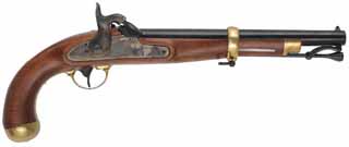 U. S. Model 1855 Dragoon Pistol,
.58 caliber, 12" barrel,
percussion, walnut, brass, shoulder stock, 
as-new in box, by Palmetto, Italy.