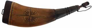 Flat Powder Horn,
9-1/4", 1757 dated scrimshaw,
compass rose, pine base with staple