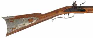 Maryland Longrifle,
.45 caliber, 42" Green Mountain barrel,
coned muzzle, small Siler flintlock, curly maple, engraved nickel silver, 
used, by M.A. Meese