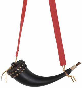 Large Buffalo Powder Horn,
15", turned spout, brass tacks,
hand made, linen strap, new, by Scott & Cathy Sibley