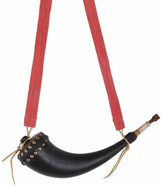 Large Buffalo Powder Horn,
15-1/2", turned spout, brass tacks,
hand made, linen strap, new, by Scott & Cathy Sibley