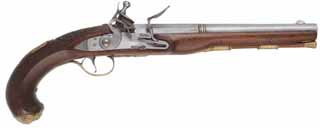 Kentucky Pistol,
.50 caliber 10" octagon-to-round barrel,
Siler flintlock, walnut, Georgian style brass furniture, as-new