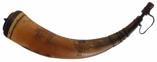 Powder Horn,
13", scrimshaw compass rose & animal designs,
pine base with iron staple