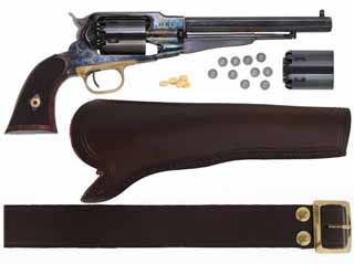 1858 Remington New Model Army revolver,
.44 caliber, 8" barrel, 
percussion, checkered, blued, color cased, 
extra cylinder, leather holster & belt, wrench, balls, wads, by FAP ~ Pietta