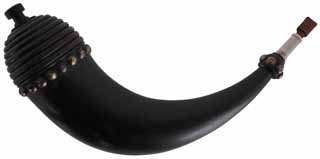 Large Buffalo Powder Horn,
16-1/2", turned horn tip, 
turned base with brass tack border, 
hand made, new, by Scott & Cathy Sibley