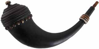 Large Buffalo Powder Horn,
16-1/2", turned horn tip, 
turned base with brass tack border, 
hand made, new, by Scott & Cathy Sibley