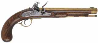 Kentucky Pistol,
.50 caliber, 10" brass barrel,
L&R flintlock, curly maple, engraved brass,
used, signed by John P. Allen