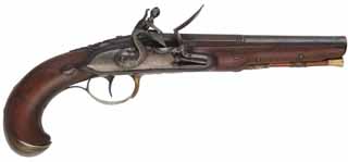 Antique Pistol,
.56 smoothbore 8" octagon-to-round barrel,
repaired walnut, brass trim, round faced flintlock