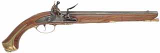 French Trade Pistol,
.62 caliber smoothbore, 13-1/2" barrel,
L&R flintlock, walnut, brass trim, 
new, unfired, by T. Frasier