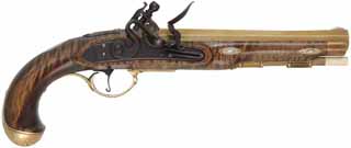 Kentucky Pistol,
.45 caliber, 8" brass swamped Getz barrel,
L&R flintlock, curly maple, brass trim,
used, by Myers