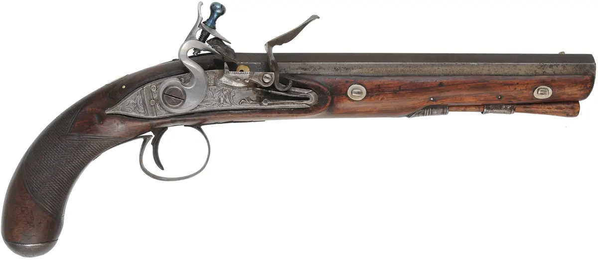 Antique Belt Pistol,
.60 caliber smoothbore, 9-1/4" barrel,
reconverted to flint lock, repaired walnut, iron trim