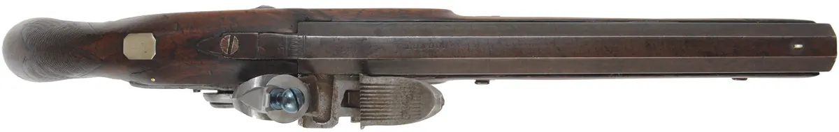 Antique Belt Pistol,
.60 caliber smoothbore, 9-1/4" barrel,
reconverted to flint lock, repaired walnut, iron trim